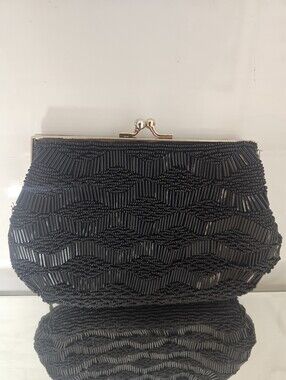 Kaiho Vintage Mid Century  Black Beaded Evening Clutch with Kiss-Lock Frame